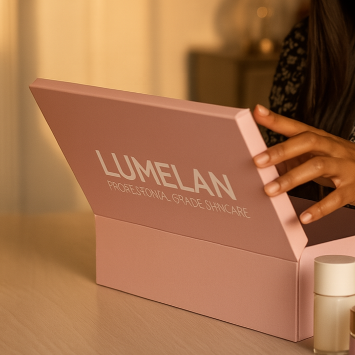 Woman opening a Lumelan box in a bedroom setting