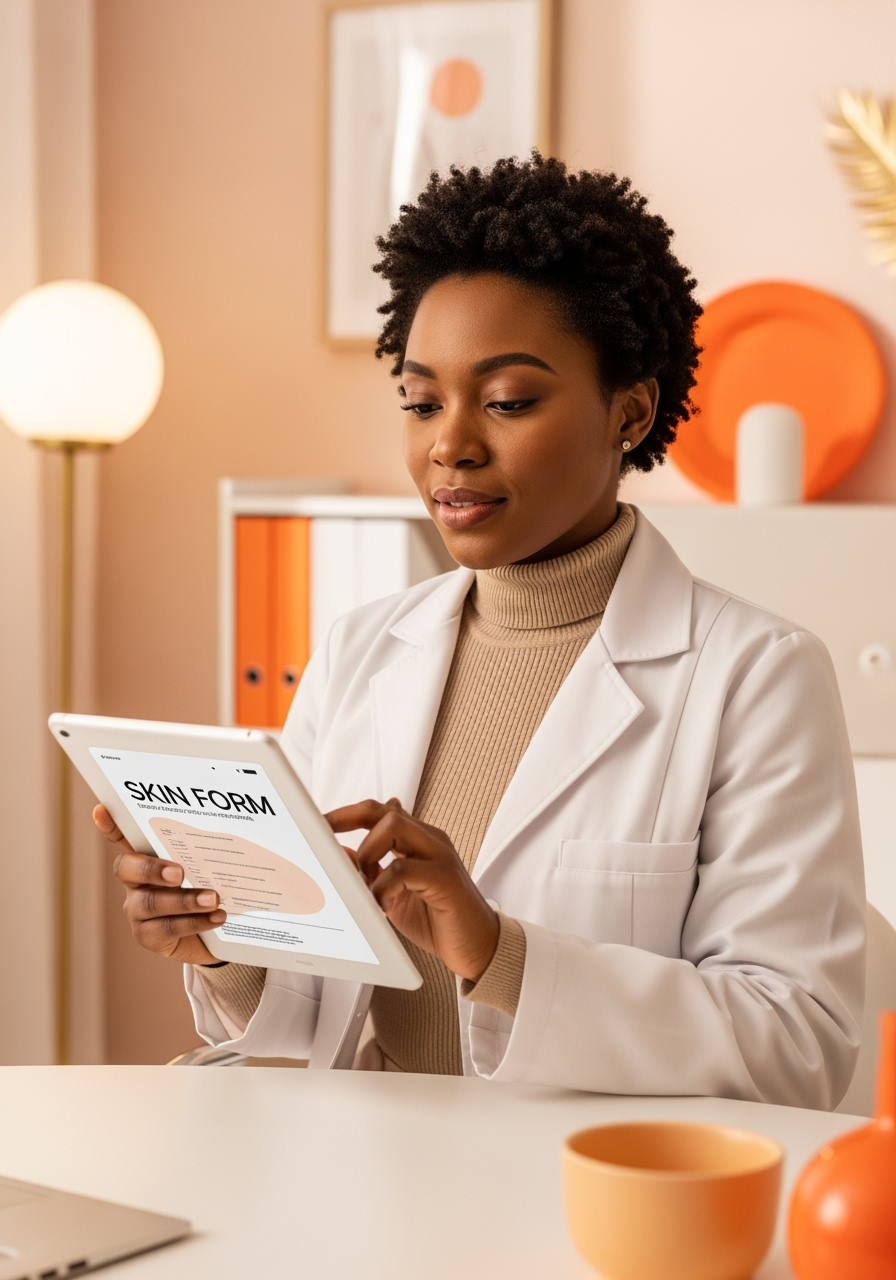 Woman in a white coat using a tablet with 'SKIN FORM' displayed, in an indoor setting.